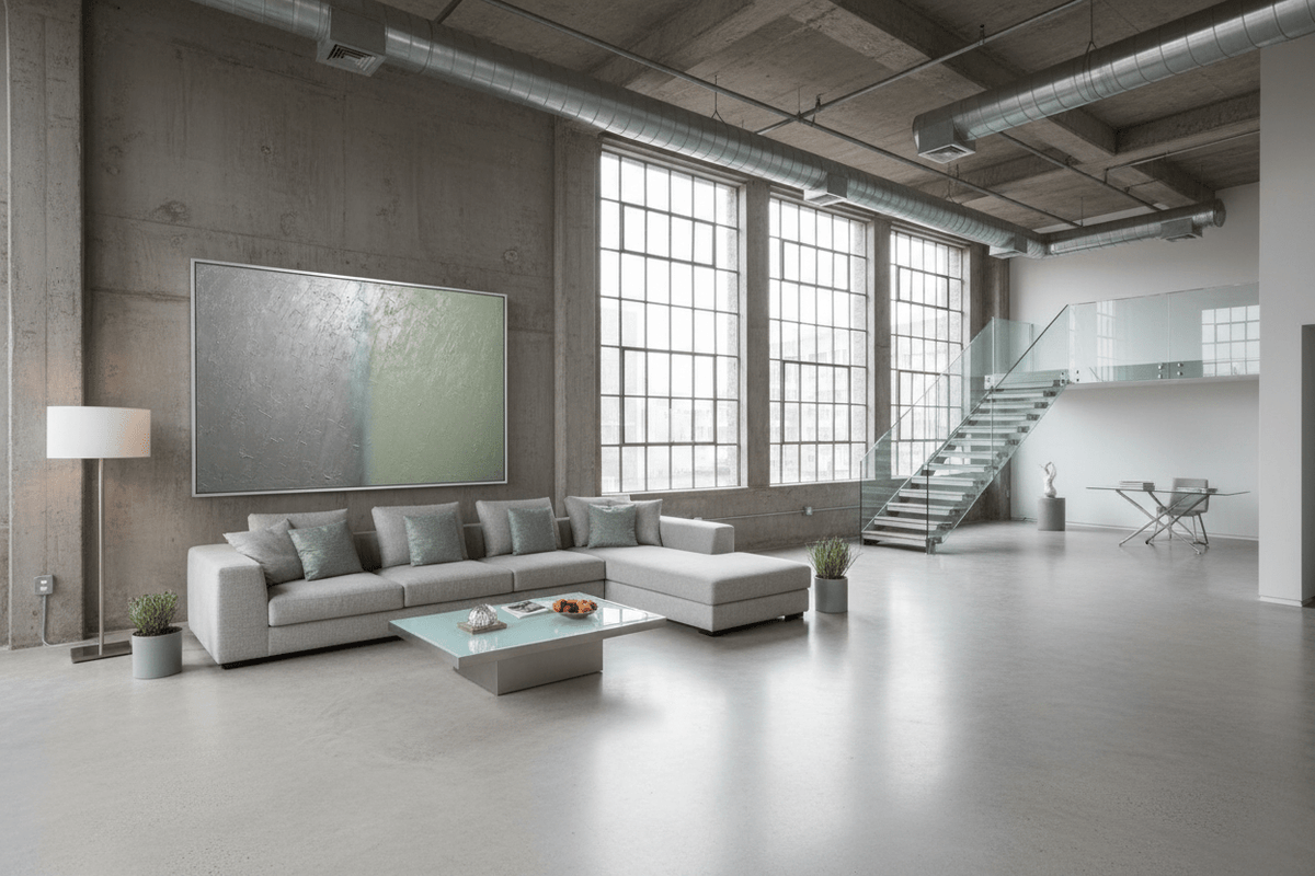 Silver Sage silver and celadon artwork in a modern industrial loft