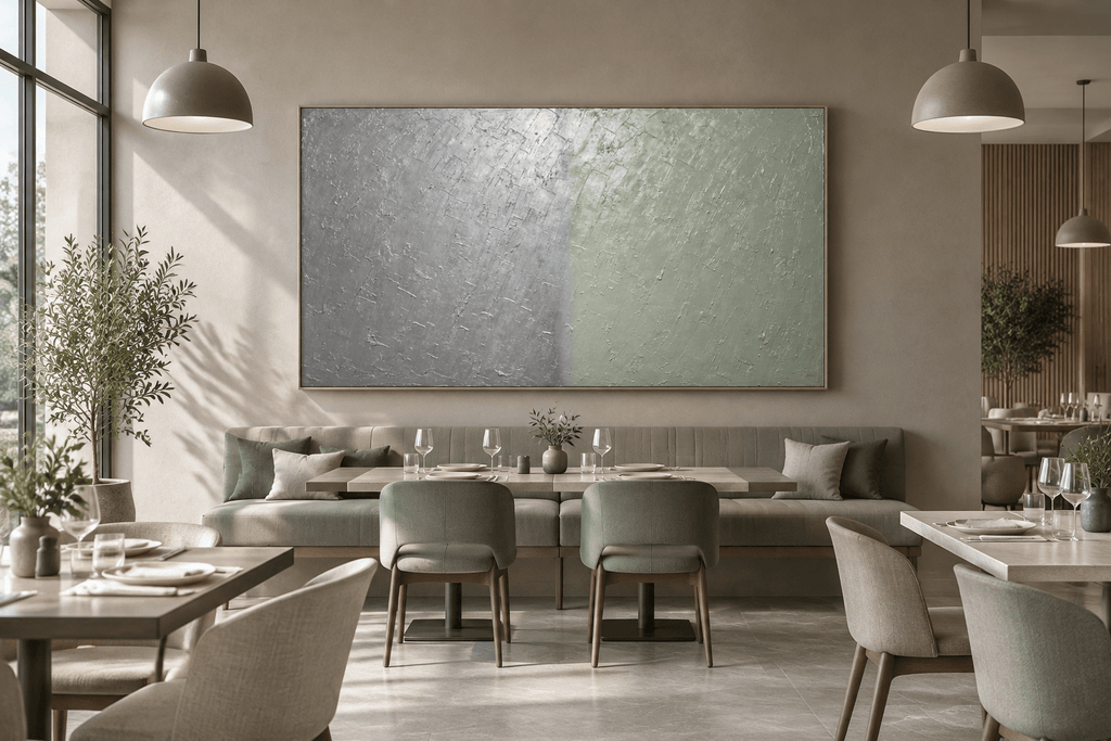 Silver Sage silver and celadon geological abstract artwork in a modern restaurant