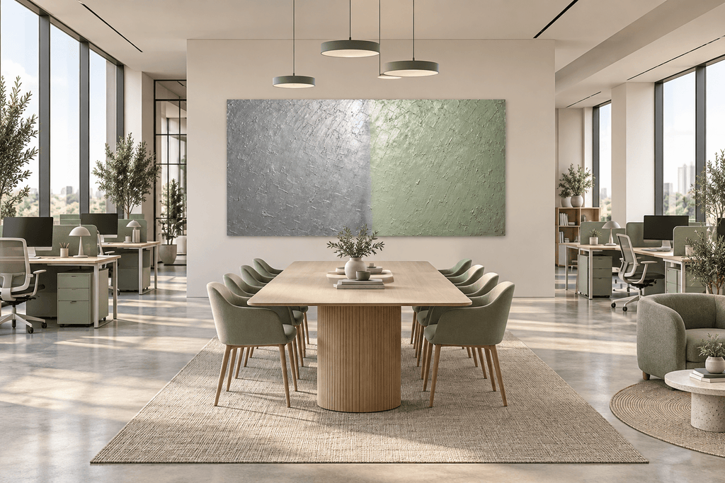 Silver Sage silver and celadon geological abstract artwork in an open-plan office