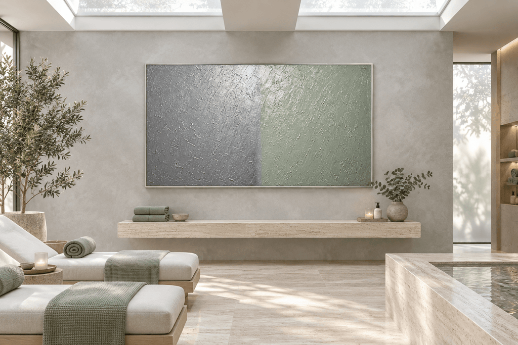 Silver Sage silver and celadon geological abstract artwork in luxury wellness spa