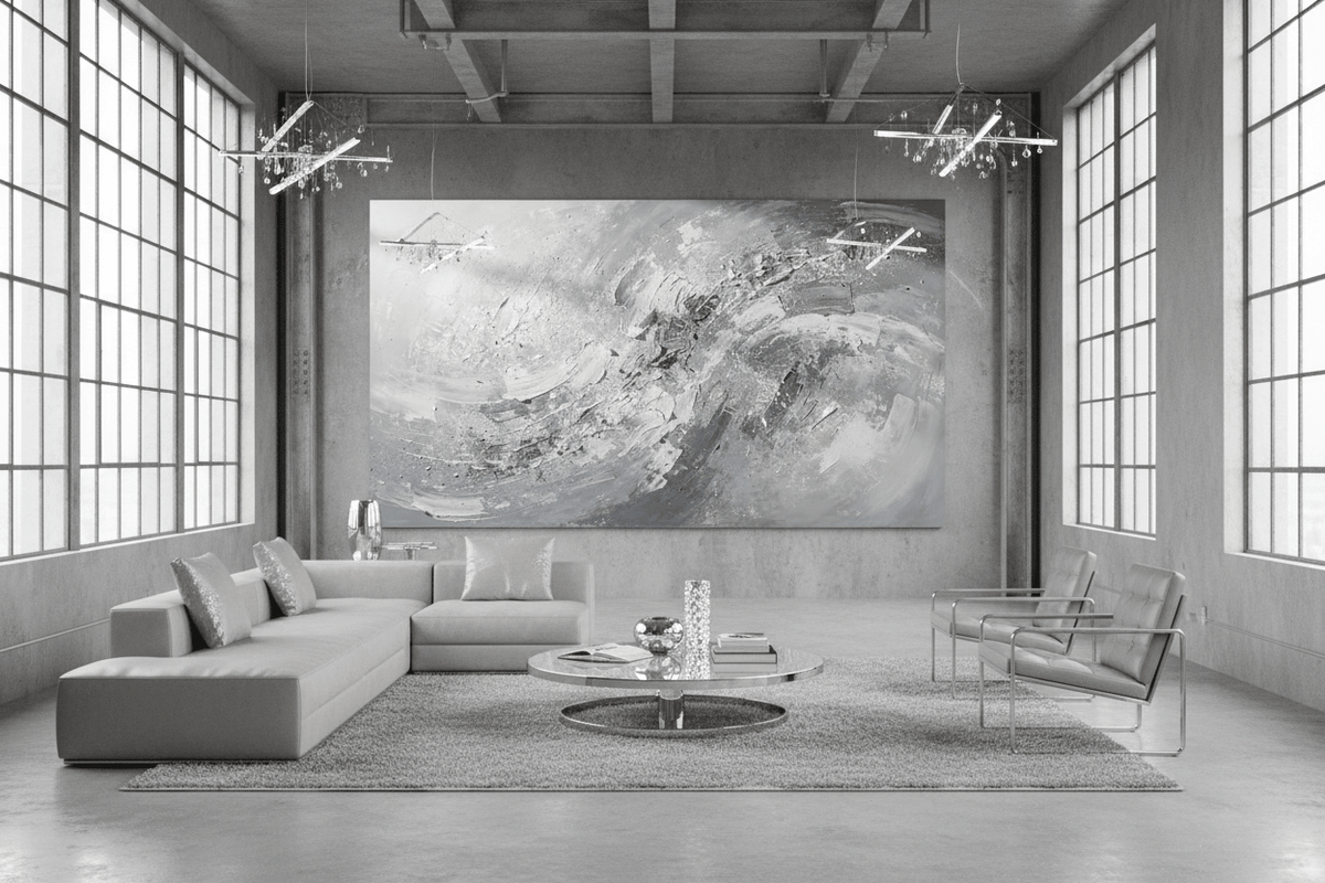 Silver Storm silver and pearl abstract artwork in an industrial loft living room