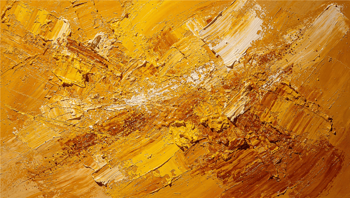 Solar Burst radiant impasto abstraction with gold, amber, sienna and white textured strokes