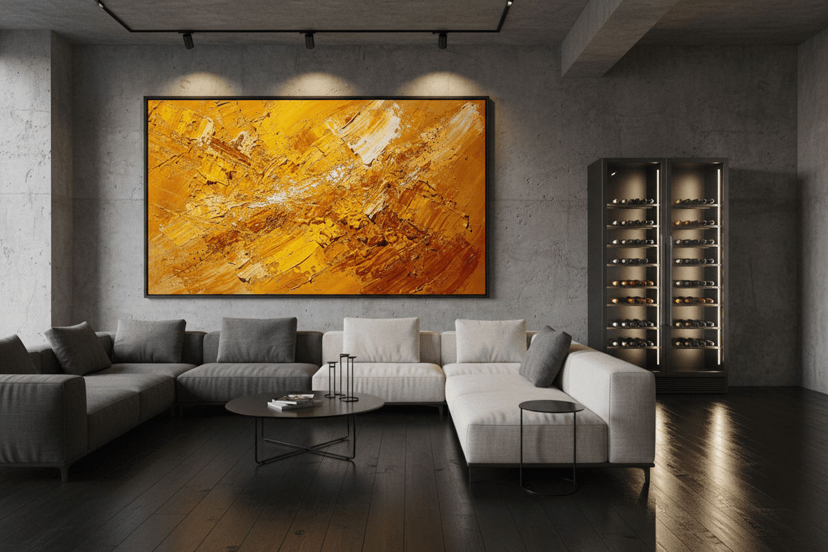 Solar Burst gold and amber artwork in a modern industrial loft