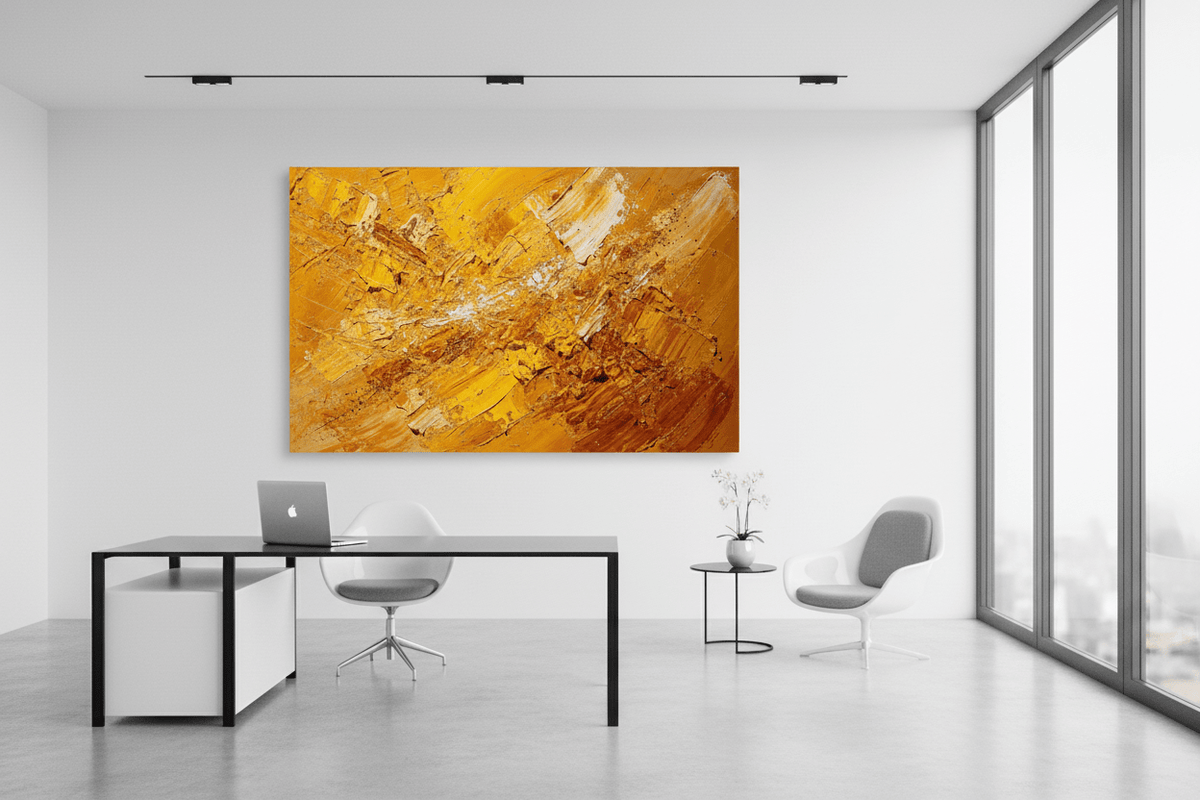 Solar Burst radiant gold abstraction in a bright modern executive office