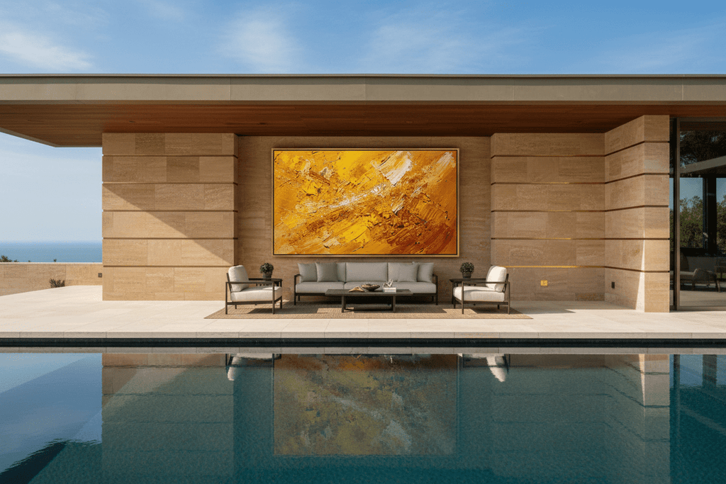 Solar Burst amber and gold textural abstraction beside an outdoor pool lounge