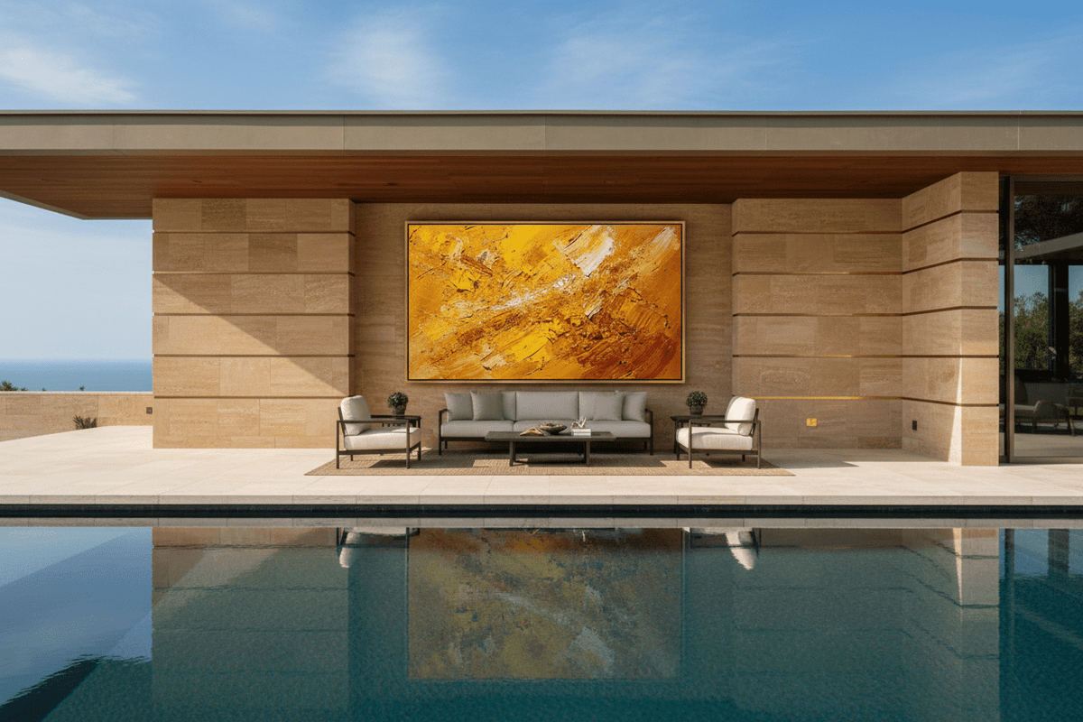 Solar Burst amber and gold textural abstraction beside an outdoor pool lounge