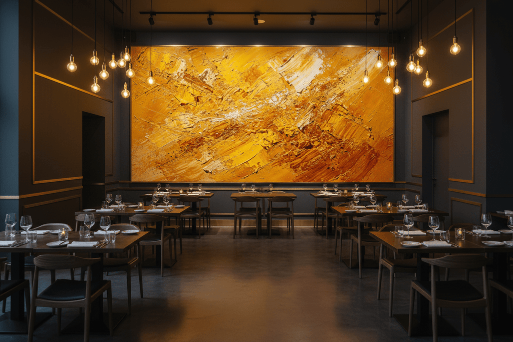 Solar Burst radiant gold artwork in an upscale restaurant interior