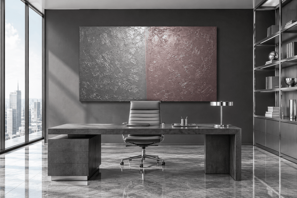 Steel & Rose gunmetal and rose silver minimalist structural abstract artwork in an executive loft