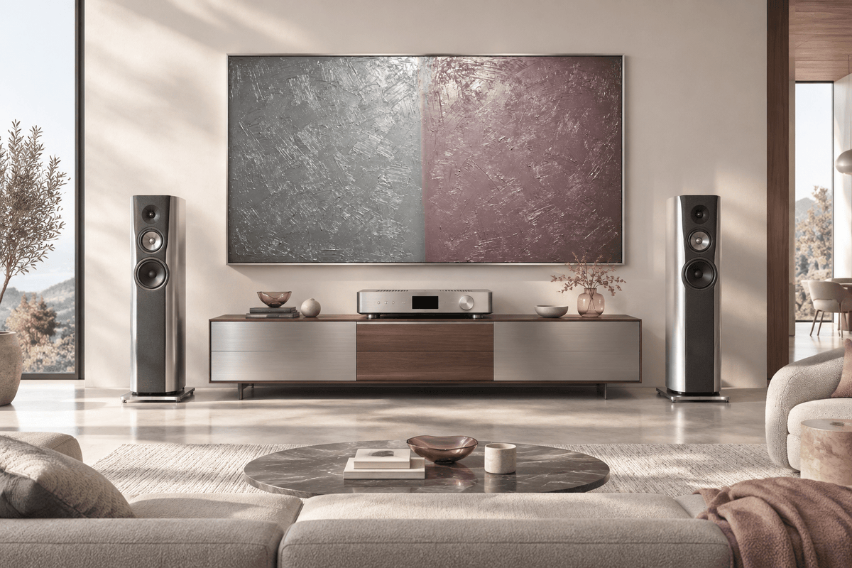 Steel & Rose gunmetal and rose silver minimalist structural abstract artwork in a modern high end hifi living room