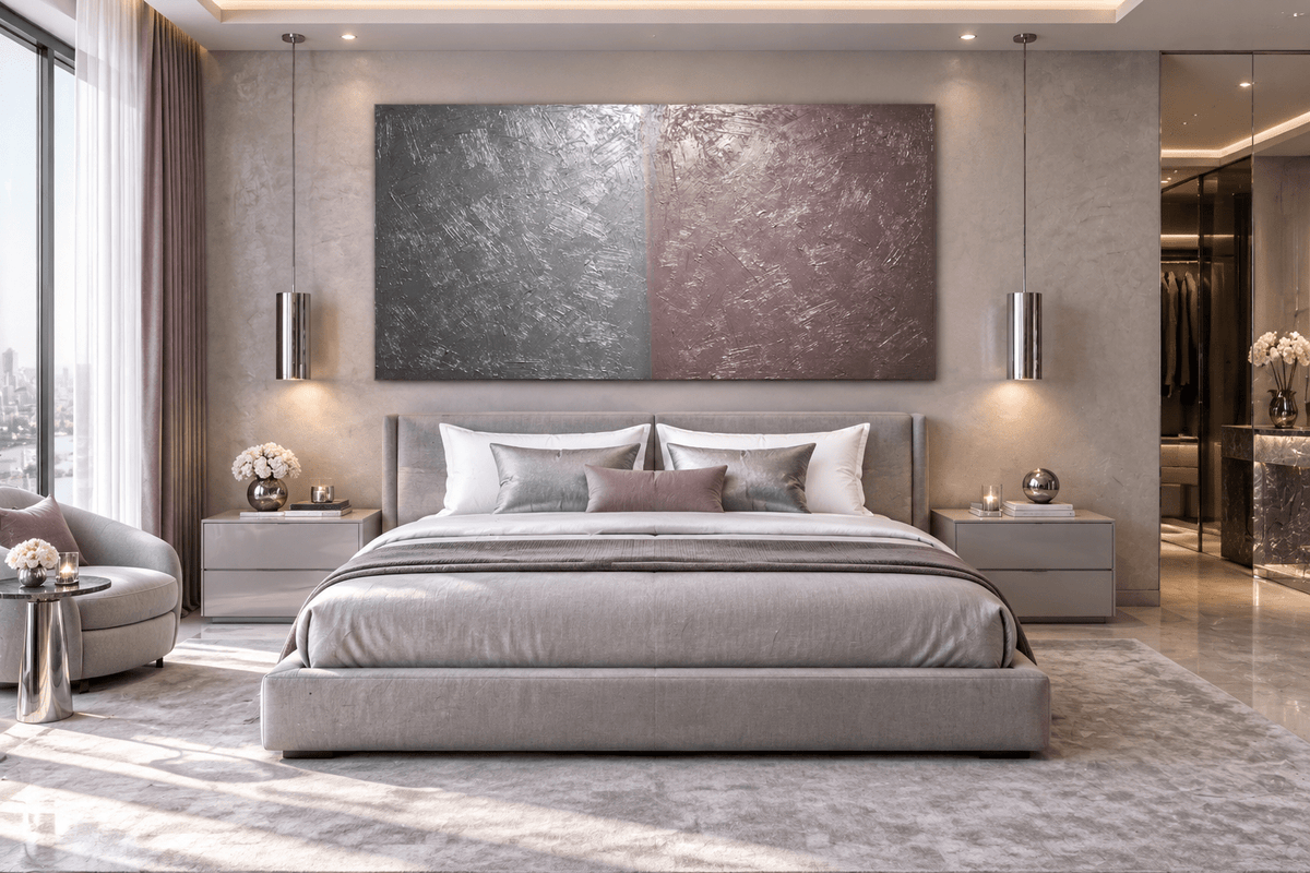 Steel & Rose gunmetal and rose silver minimalist structural abstract artwork in a modern hotel room