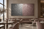 Steel & Rose gunmetal and rose silver minimalist structural abstract artwork in a modern restaurant