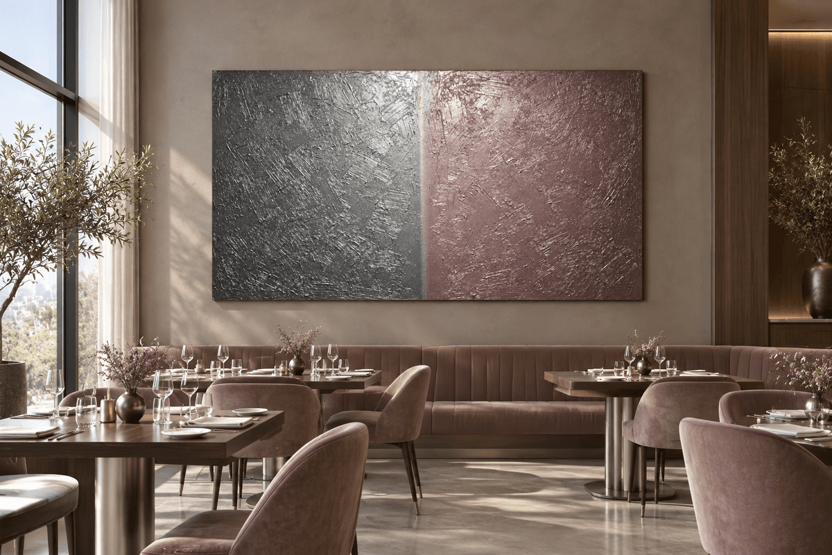 Steel & Rose gunmetal and rose silver minimalist structural abstract artwork in a modern restaurant