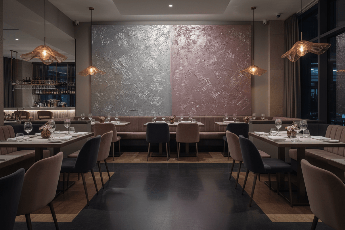 Steel & Rose gunmetal and rose abstract artwork in an upscale restaurant interior