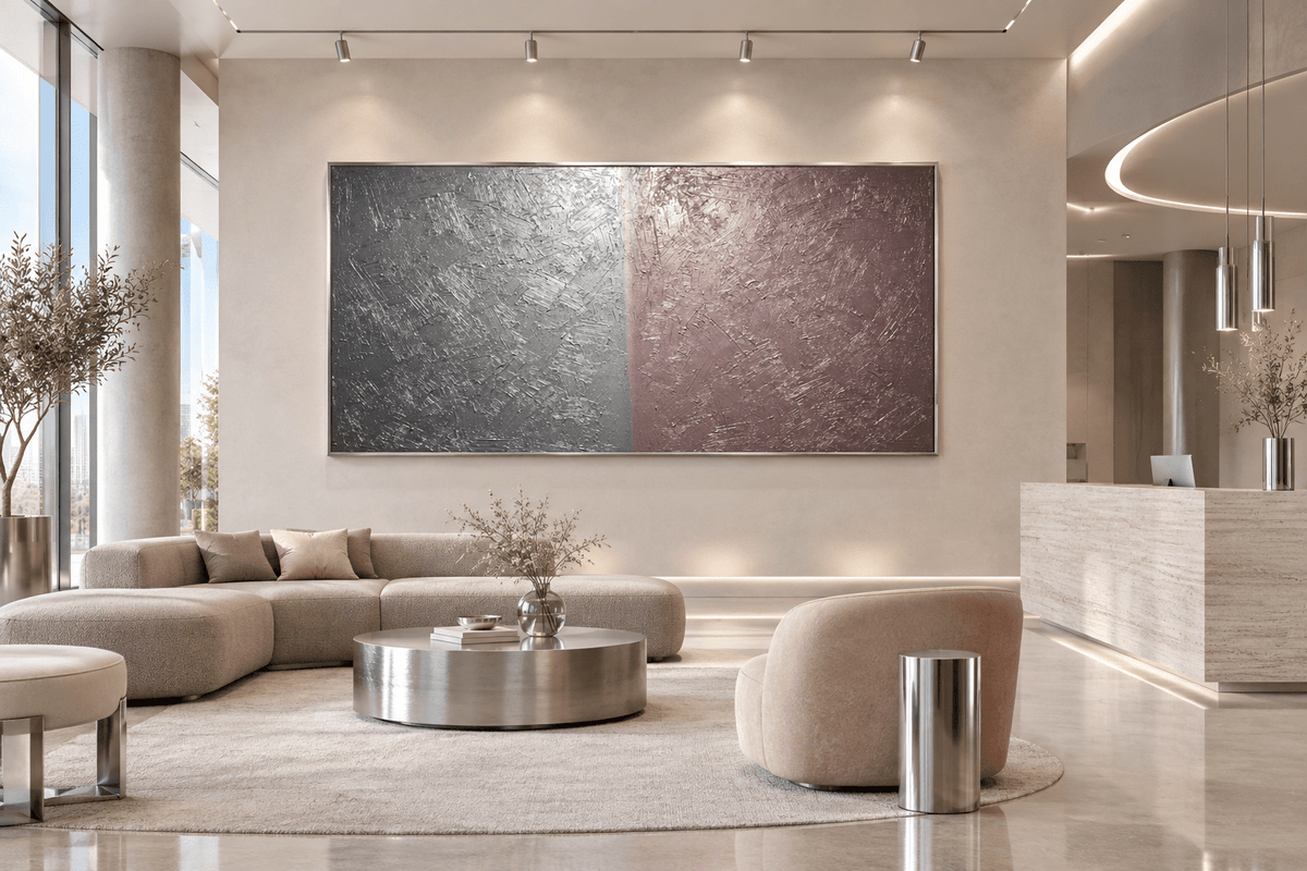 Steel & Rose gunmetal and rose silver minimalist structural abstract artwork in a hotel lobby