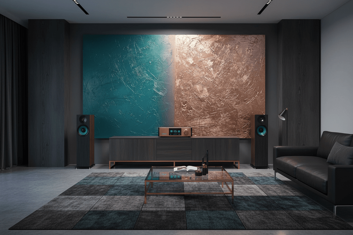 Teal Split teal and copper abstract artwork in a refined living room