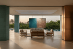 Teal Split teal and copper abstract artwork in a pool lounge and outdoor living area