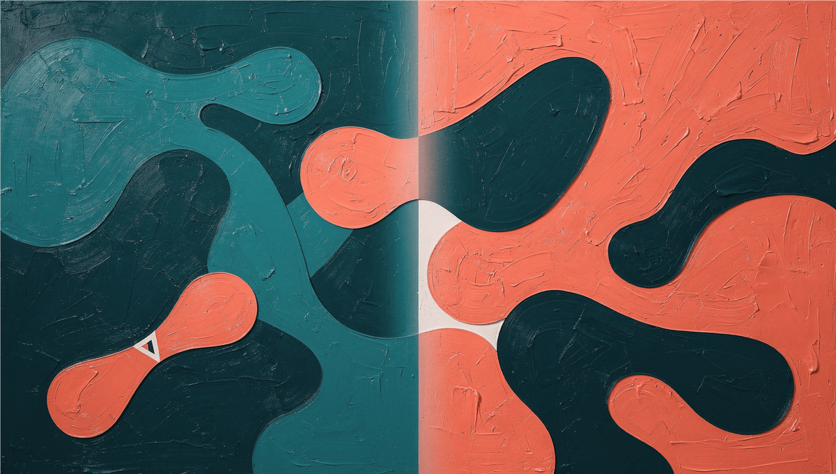 Teal & Terra biomorphic abstract artwork with deep teal, terracotta and a central light seam