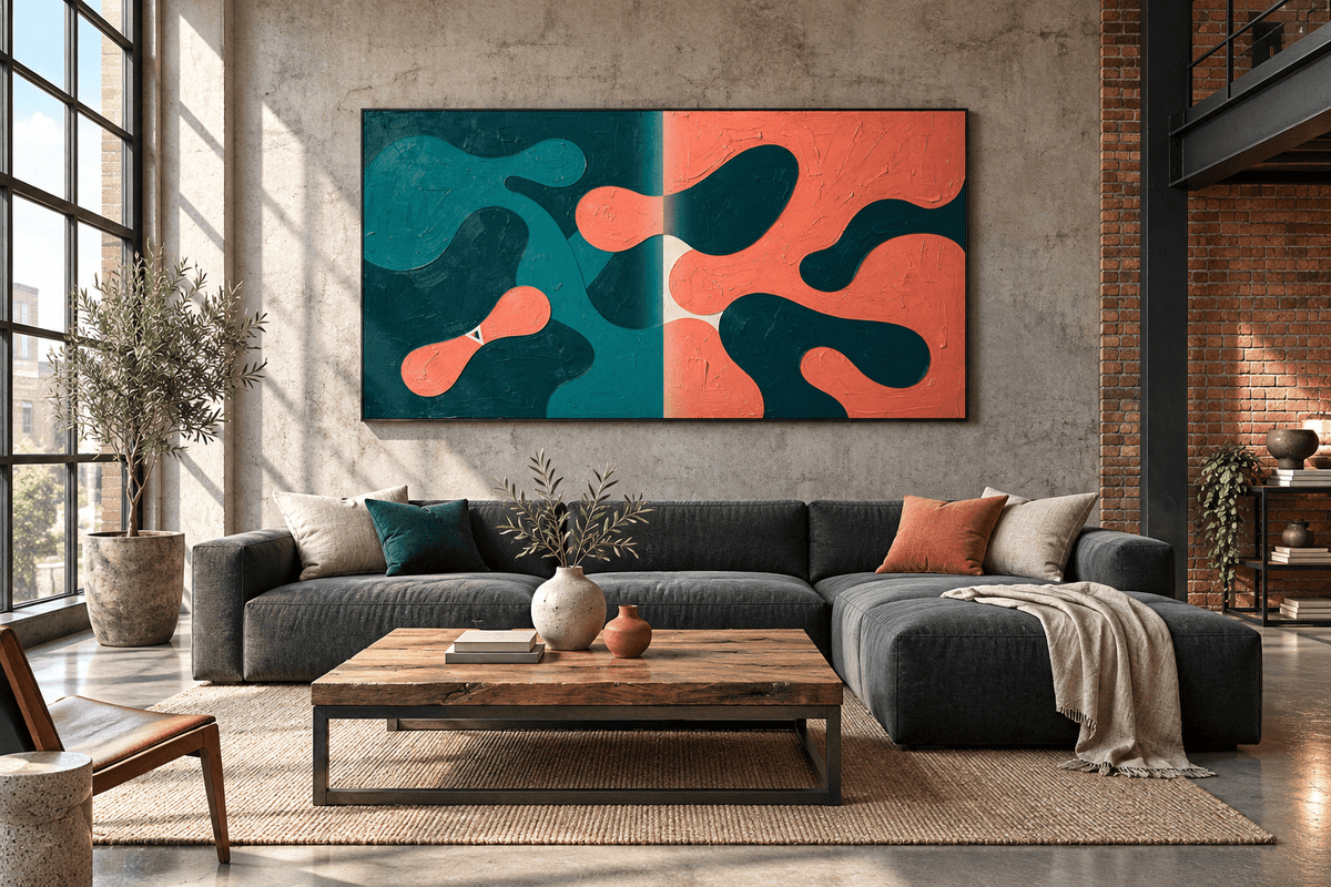 Teal & Terra biomorphic abstract artwork with deep teal, terracotta and a central light seam in an industrial loft