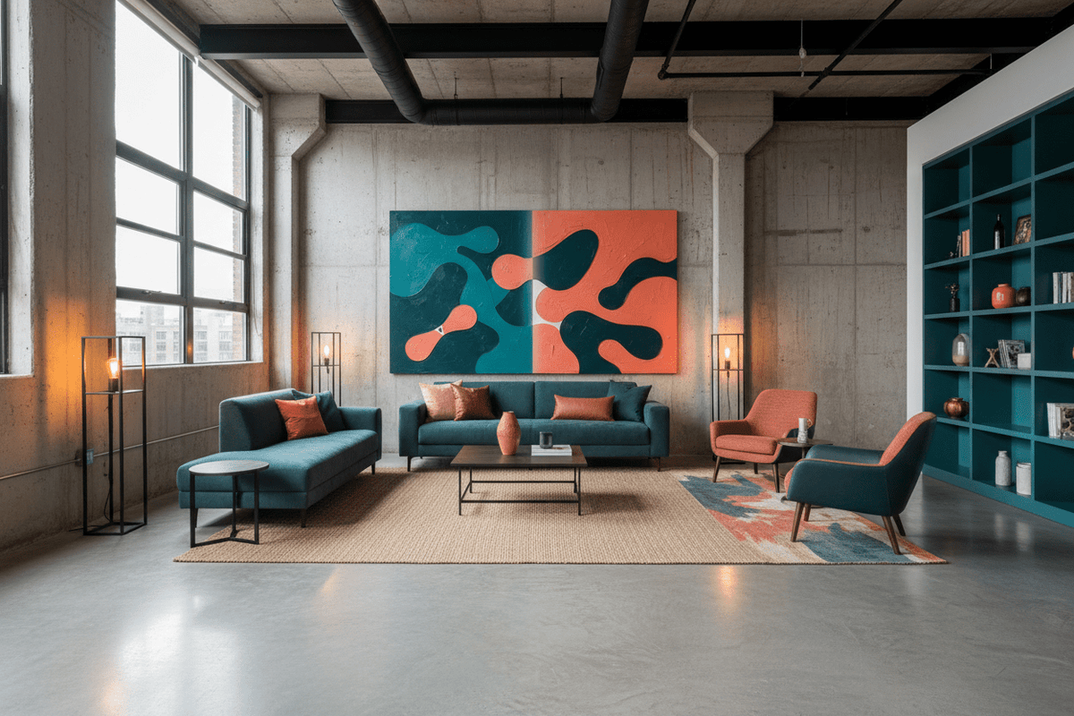 Teal & Terra teal and terracotta biomorphic artwork in a modern industrial loft