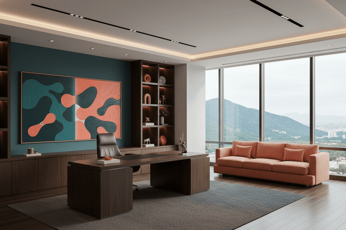 Teal & Terra teal and terracotta biomorphic artwork in a modern executive office