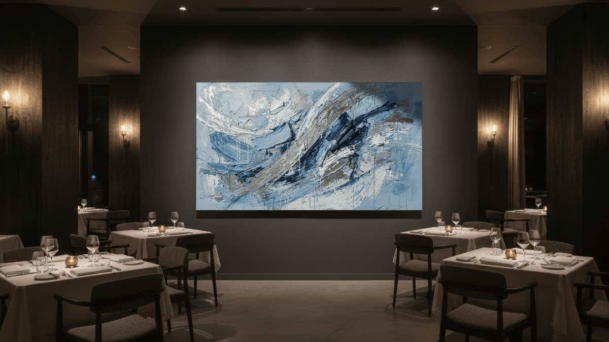 Arctic Force arctic blue abstract artwork in an elegant restaurant dining room