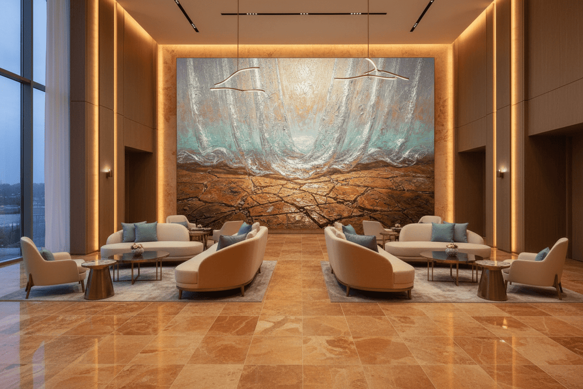 The Threshold terracotta and silver artwork in a luxury hotel lobby