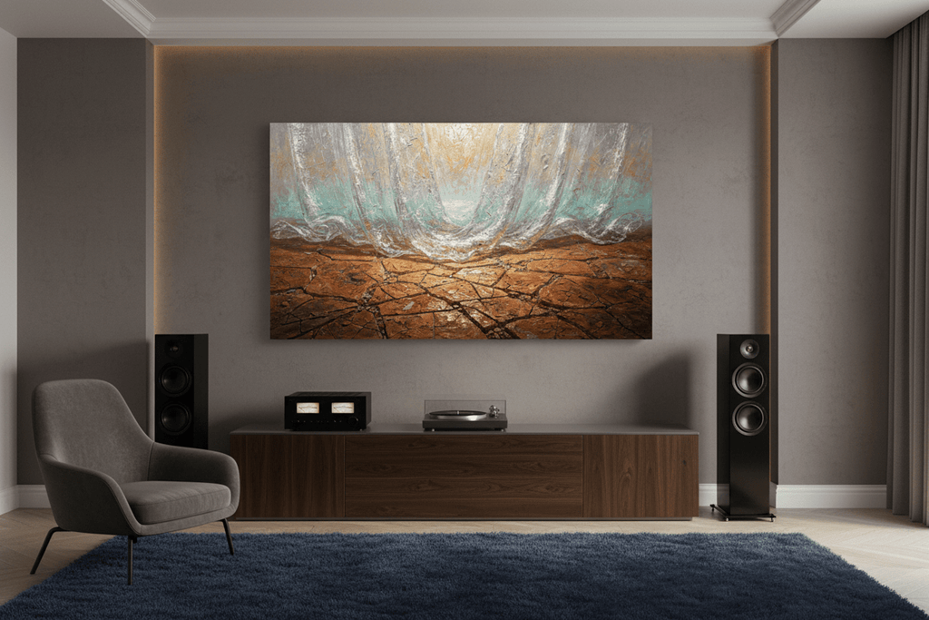 The Threshold terracotta abstraction in a luxury living room