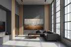 The Threshold terracotta and silver abstract artwork in a modern industrial loft