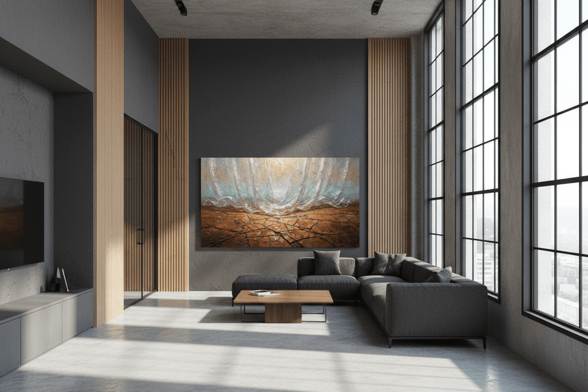 The Threshold terracotta and silver abstract artwork in a modern industrial loft