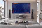 Ultramarine Ember Limited Edition monumental abstract artwork with deep ultramarine blue impasto, ember-orange edge strokes and textured horizontal layers in a high end hifi living room