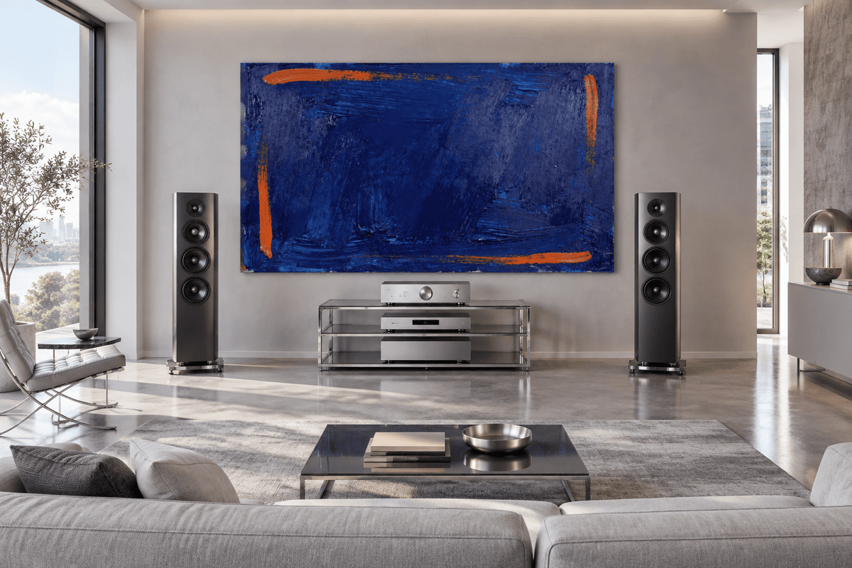 Ultramarine Ember Limited Edition monumental abstract artwork with deep ultramarine blue impasto, ember-orange edge strokes and textured horizontal layers in a high end hifi living room
