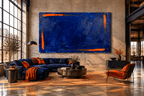 Ultramarine Ember Limited Edition monumental abstract artwork with deep ultramarine blue impasto, ember-orange edge strokes and textured horizontal layers in an industrial loft