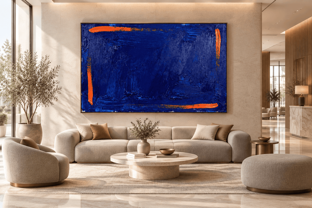 Ultramarine Ember Limited Edition monumental abstract artwork with deep ultramarine blue impasto, ember-orange edge strokes and textured horizontal layers in modern hotel lobby