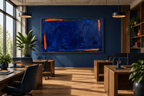 Ultramarine Ember Limited Edition monumental abstract artwork with deep ultramarine blue impasto, ember-orange edge strokes and textured horizontal layers in an pen-plan office