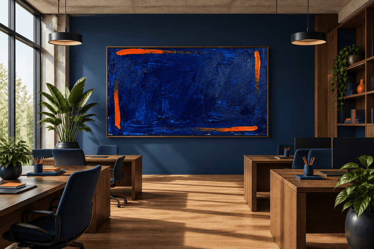 Ultramarine Ember Limited Edition monumental abstract artwork with deep ultramarine blue impasto, ember-orange edge strokes and textured horizontal layers in an pen-plan office