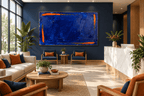 Ultramarine Ember Limited Edition monumental abstract artwork with deep ultramarine blue impasto, ember-orange edge strokes and textured horizontal layers in a private clinic with reception and waiting area