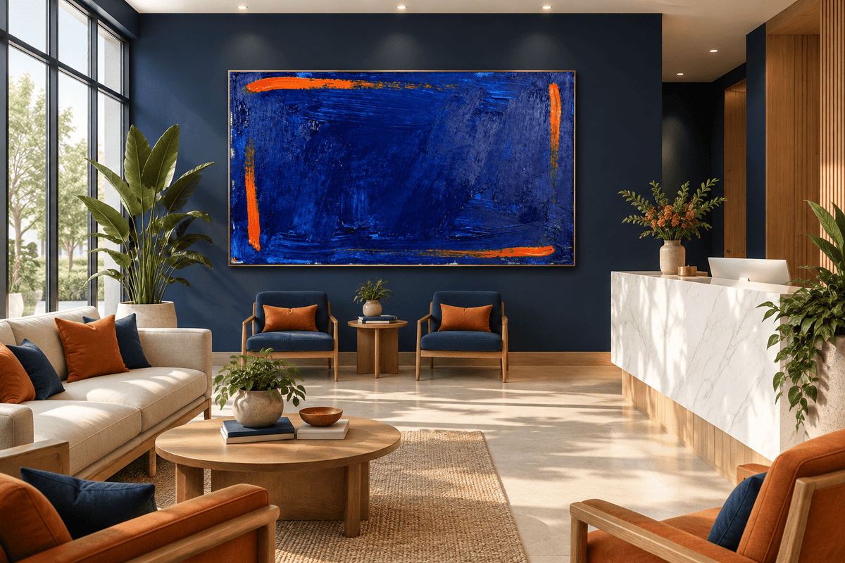 Ultramarine Ember Limited Edition monumental abstract artwork with deep ultramarine blue impasto, ember-orange edge strokes and textured horizontal layers in a private clinic with reception and waiting area
