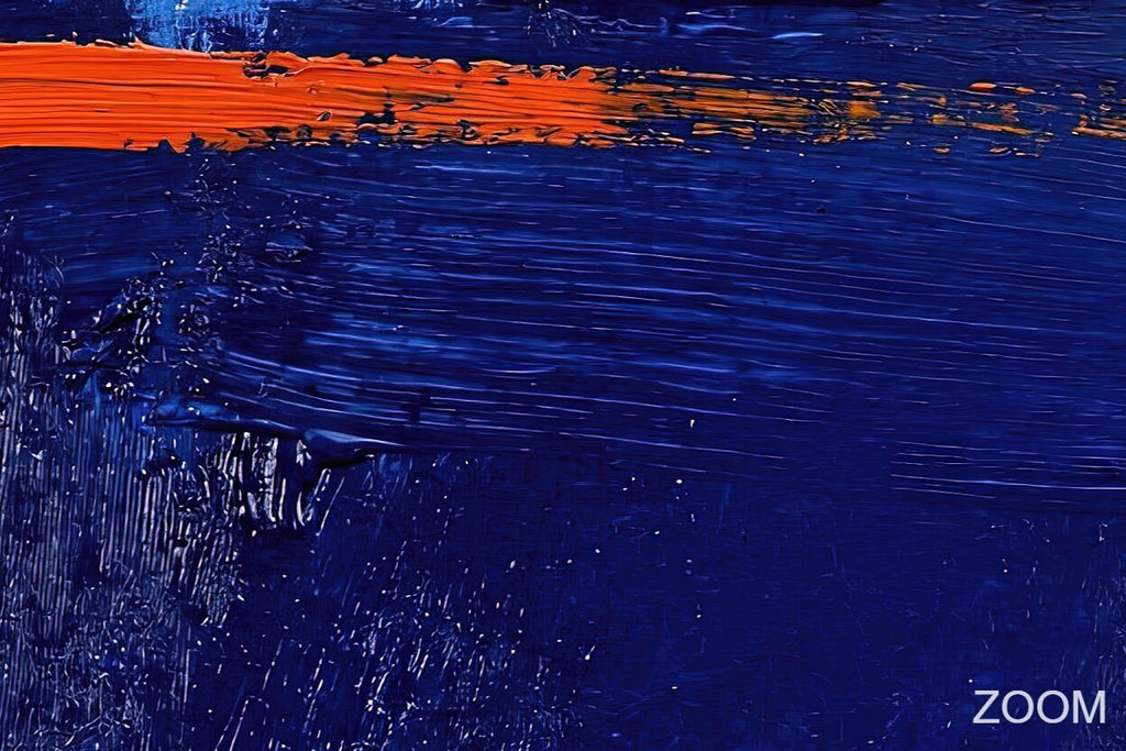 Zoom detail of Ultramarine Ember Limited Edition abstract artwork with layered ultramarine impasto, vivid ember-orange brushstrokes and tactile painted texture
