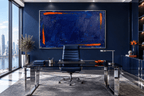 Ultramarine Ember Limited Edition monumental abstract artwork with deep ultramarine blue impasto, ember-orange edge strokes and textured horizontal layers in an executive office
