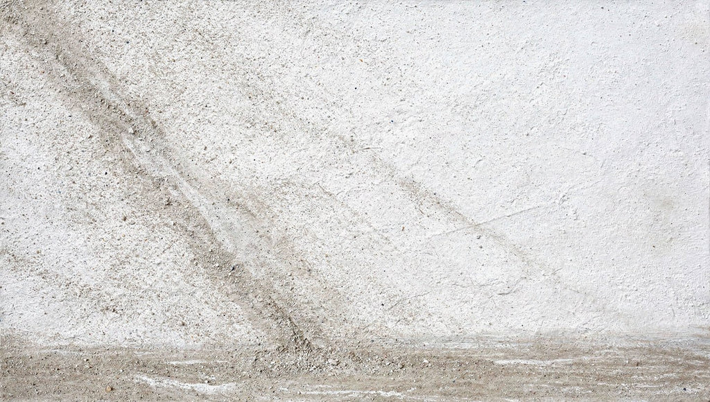 Unfilled Field abstract artwork with a pale cream and chalk-white textured field, a soft warm-grey diagonal drift, fine fissures, and a low stone-grey residue band