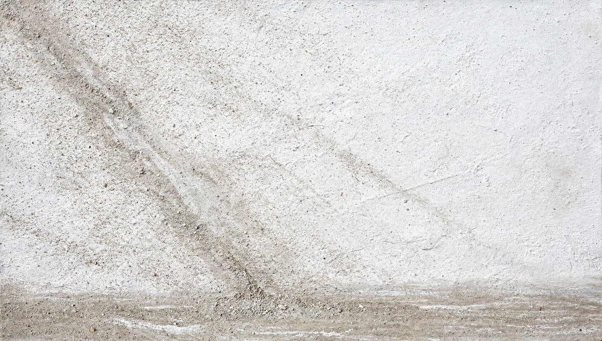 Unfilled Field abstract artwork with a pale cream and chalk-white textured field, a soft warm-grey diagonal drift, fine fissures, and a low stone-grey residue band