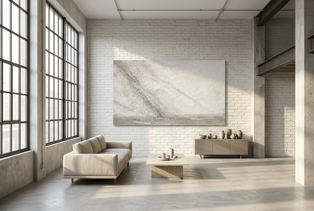 Unfilled Field abstract artwork with a pale cream and chalk-white textured field, a soft warm-grey diagonal drift, fine fissures, and a low stone-grey residue band in a modern industrial loft
