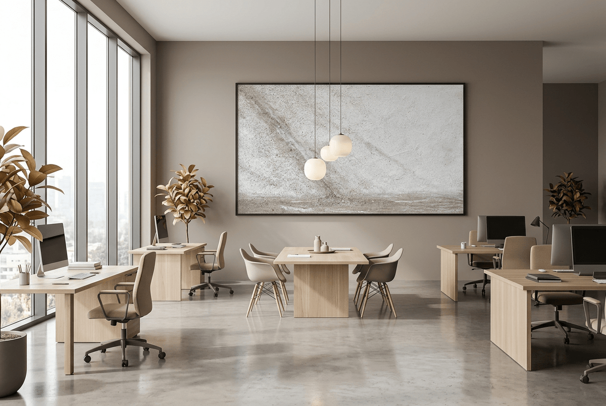 Unfilled Field abstract artwork with a pale cream and chalk-white textured field, a soft warm-grey diagonal drift, fine fissures, and a low stone-grey residue band in an open-plan office