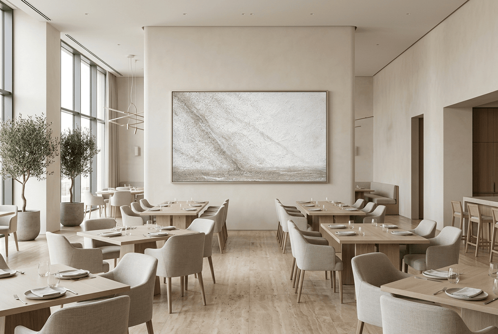 Unfilled Field abstract artwork with a pale cream and chalk-white textured field, a soft warm-grey diagonal drift, fine fissures, and a low stone-grey residue band in a modern restaurant
