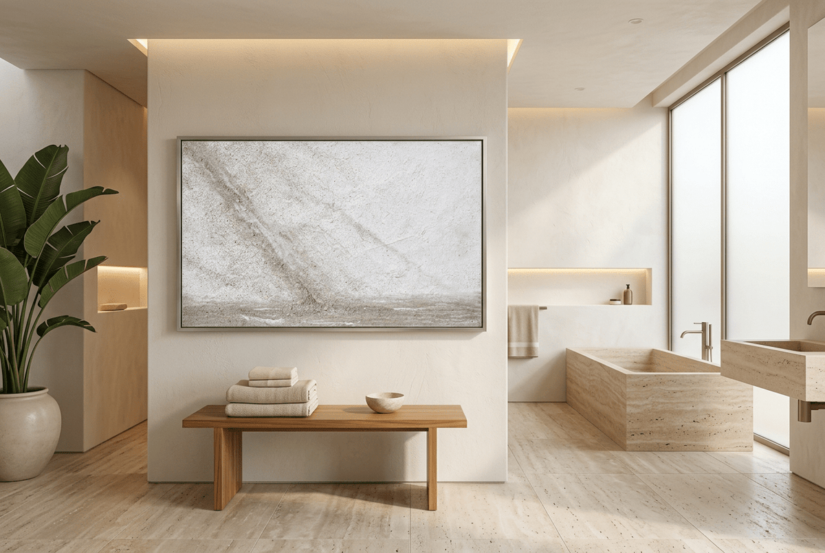 Unfilled Field abstract artwork with a pale cream and chalk-white textured field, a soft warm-grey diagonal drift, fine fissures, and a low stone-grey residue band in a modern wellness spa