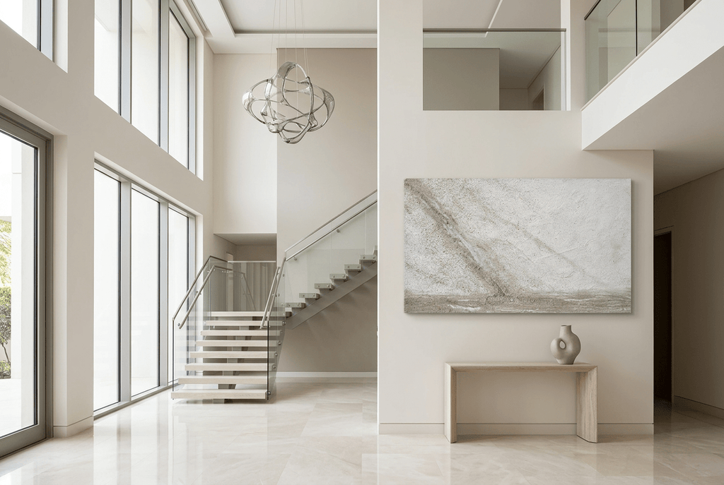 Unfilled Field abstract artwork with a pale cream and chalk-white textured field, a soft warm-grey diagonal drift, fine fissures, and a low stone-grey residue band in a two story foryer