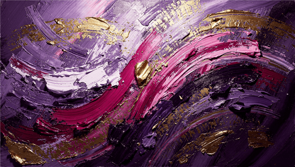 Violet Reign gestural abstraction with amethyst, magenta, white and gold curved relief