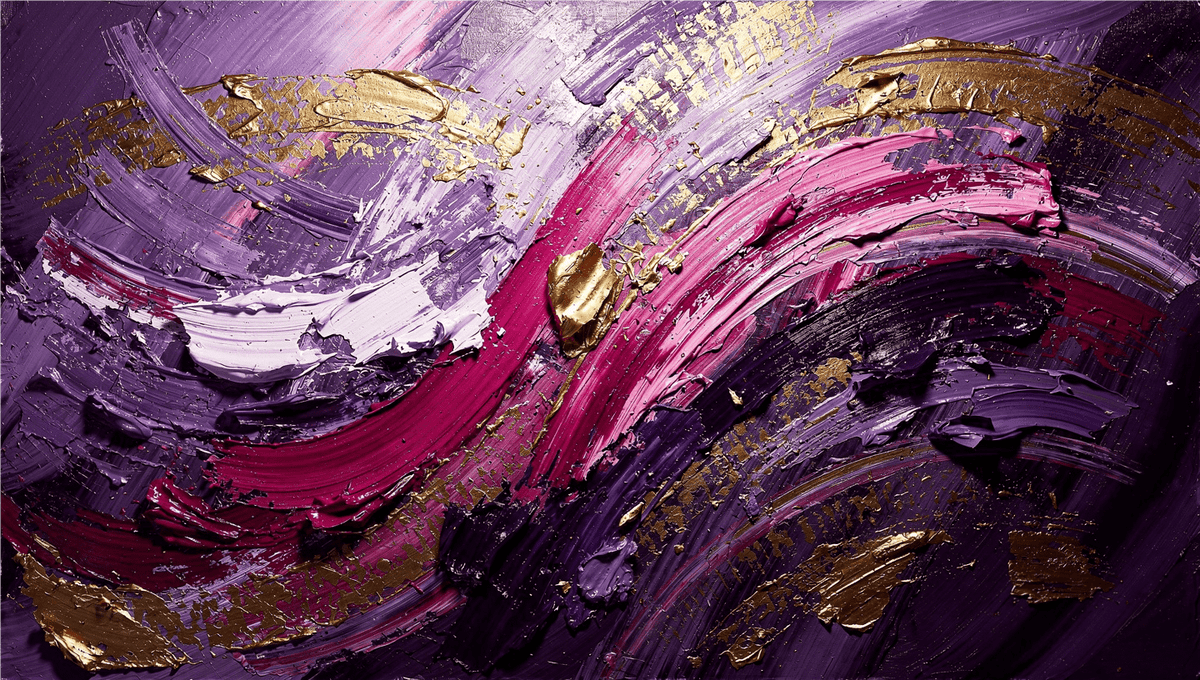 Violet Reign gestural abstraction with amethyst, magenta, white and gold curved relief