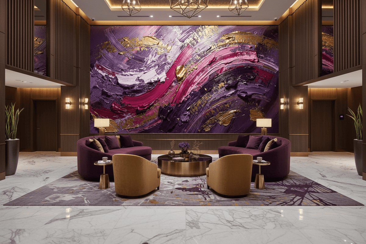 Violet Reign violet and gold textural artwork in a luxury hotel lobby