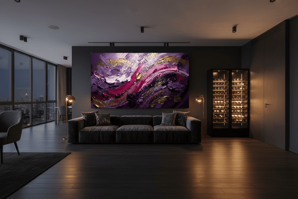 Violet Reign dark violet and gold abstraction in a modern industrial loft